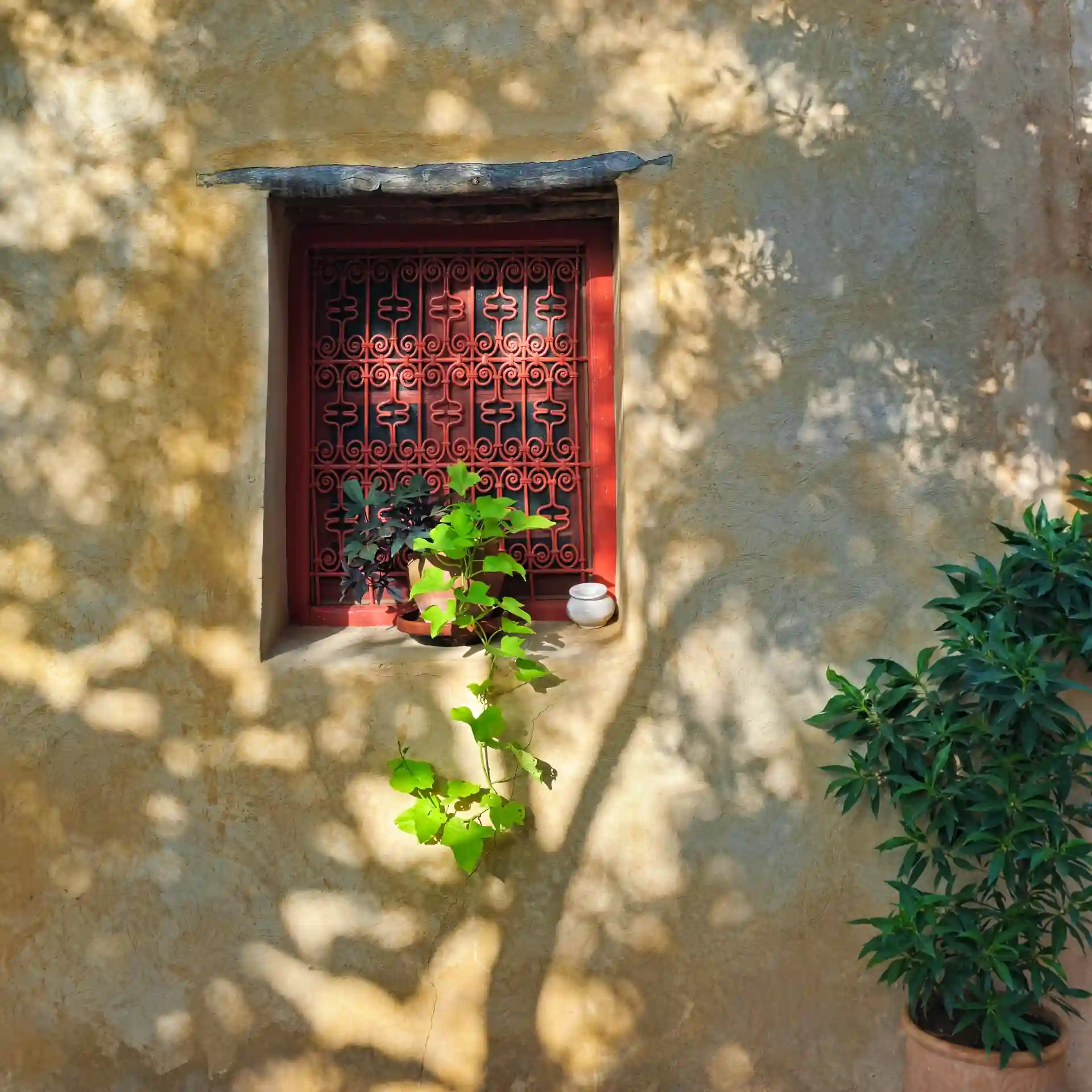 Traditional window with a red wrought-iron grille on an ochre wall in Bhalil