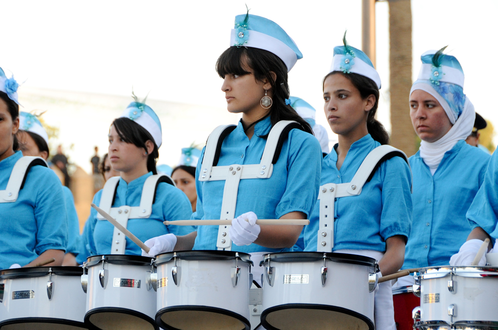 Sefrou majorettes playing marching drums during the Cherry Festival