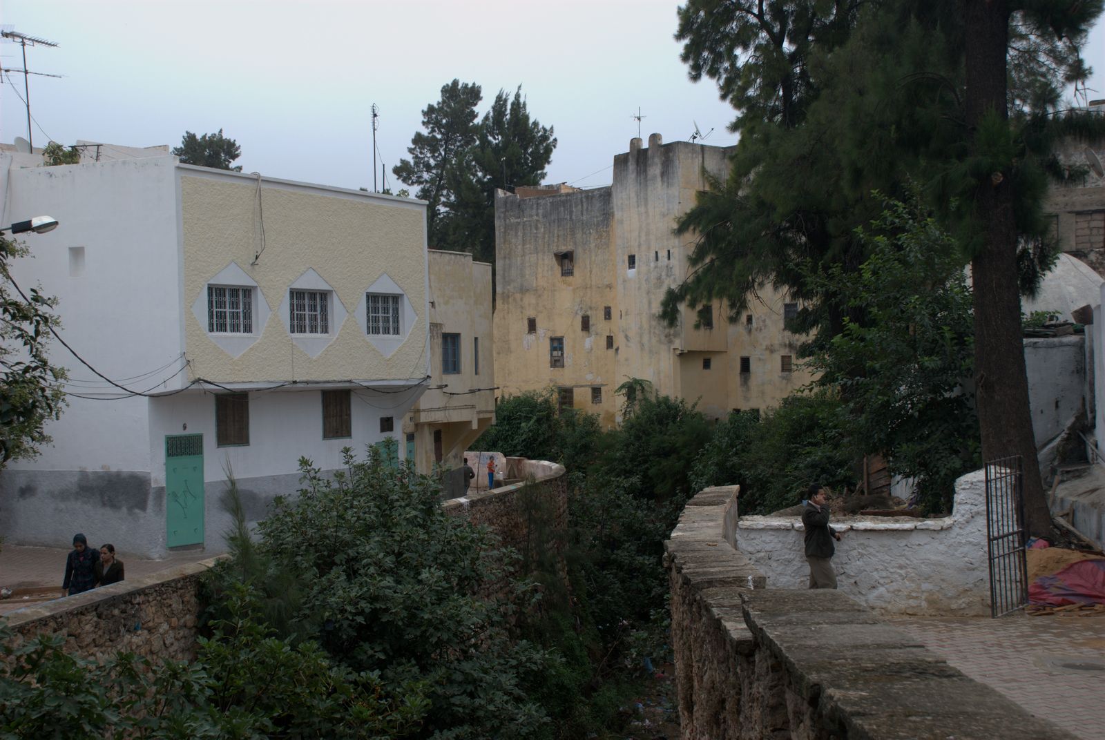 Stone paths and houses bordering the green Oued Aggai channel in Sefrou