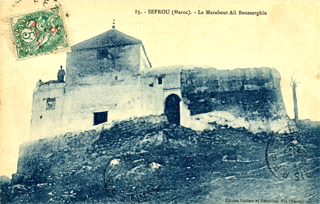 Early twentieth-century postcard of the hilltop Sidi Ali Bousserghine shrine above Sefrou